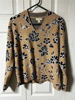 Appleseed's Tan Floral V-Neck Sweater with Black and Cream Flowers